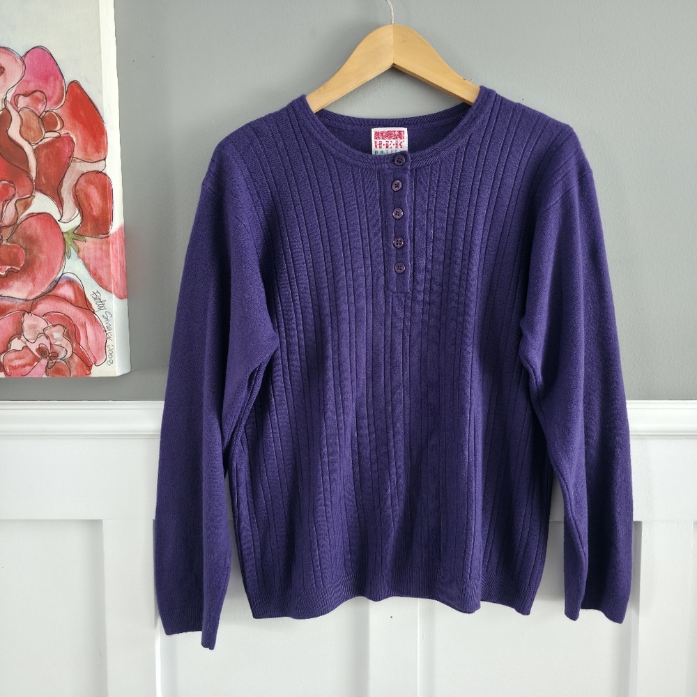 Vintage H●E●R Petite Deep Purple Ribbed Henley Sweater Top – Size XL
